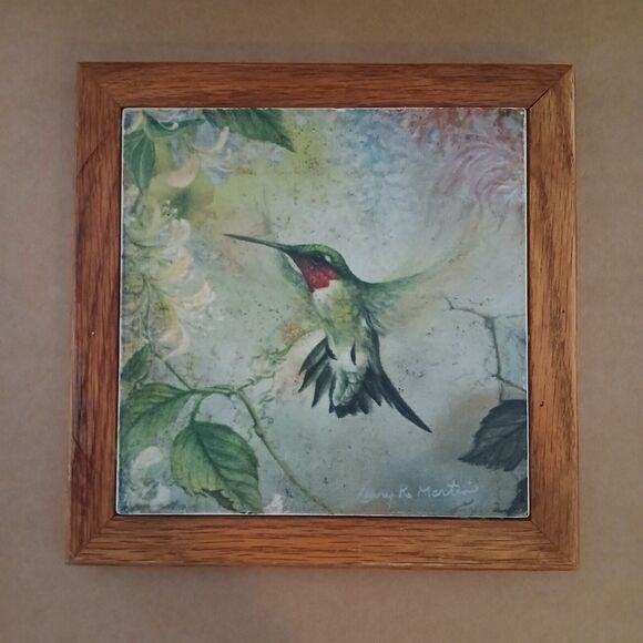 Larry K Martin Signed ceramic tile 7x7 hummingbird Hotplate Trivet Wood Frame - Picture 2 of 12